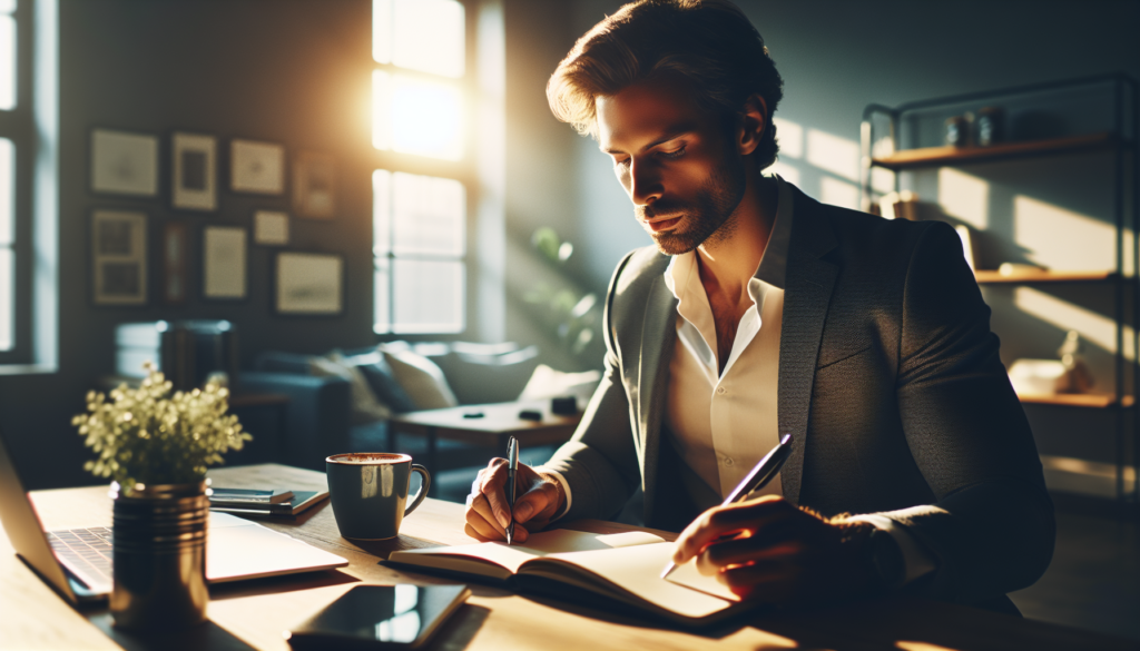 Young professional journaling at a sunlit desk with coffee, conveying focused self-care and productivity.