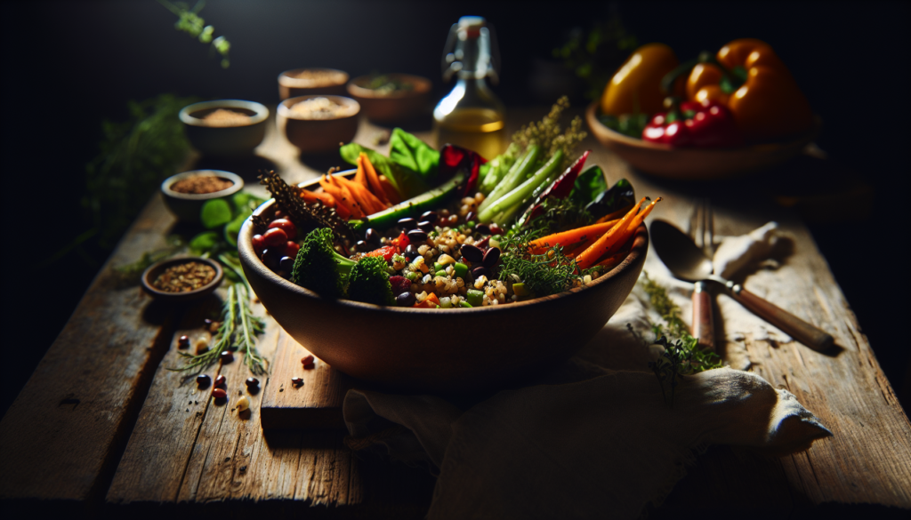 Chickpea and vegetable bowl with rice and greens, editorial food photo with warm cinematic lighting.