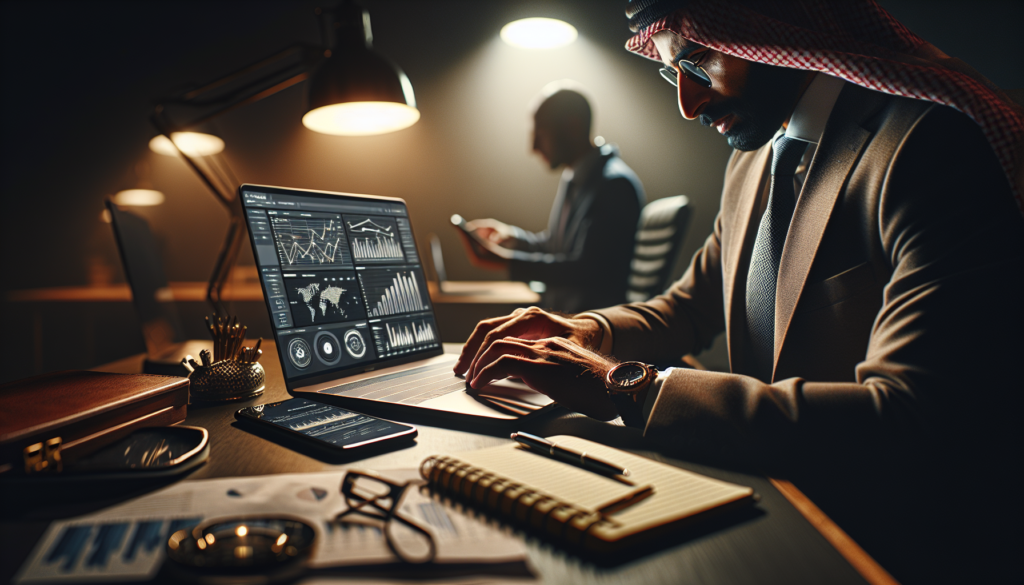 Entrepreneur at a modern workspace with laptop showing analytics and phone, editorial lighting and shallow depth of field.