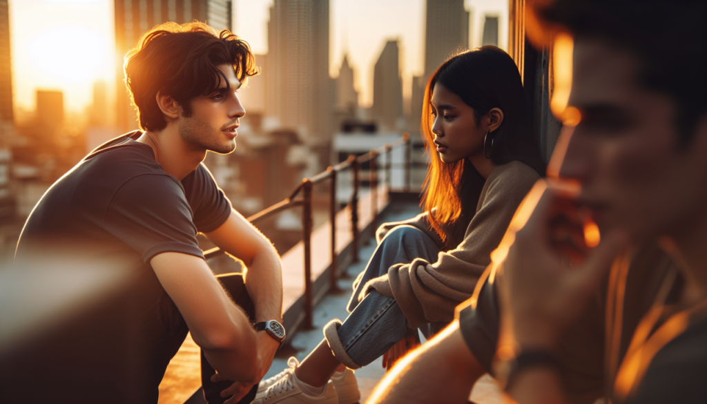 Two young people talking closely on a rooftop at golden hour, emotional connection, candid lifestyle portrait.