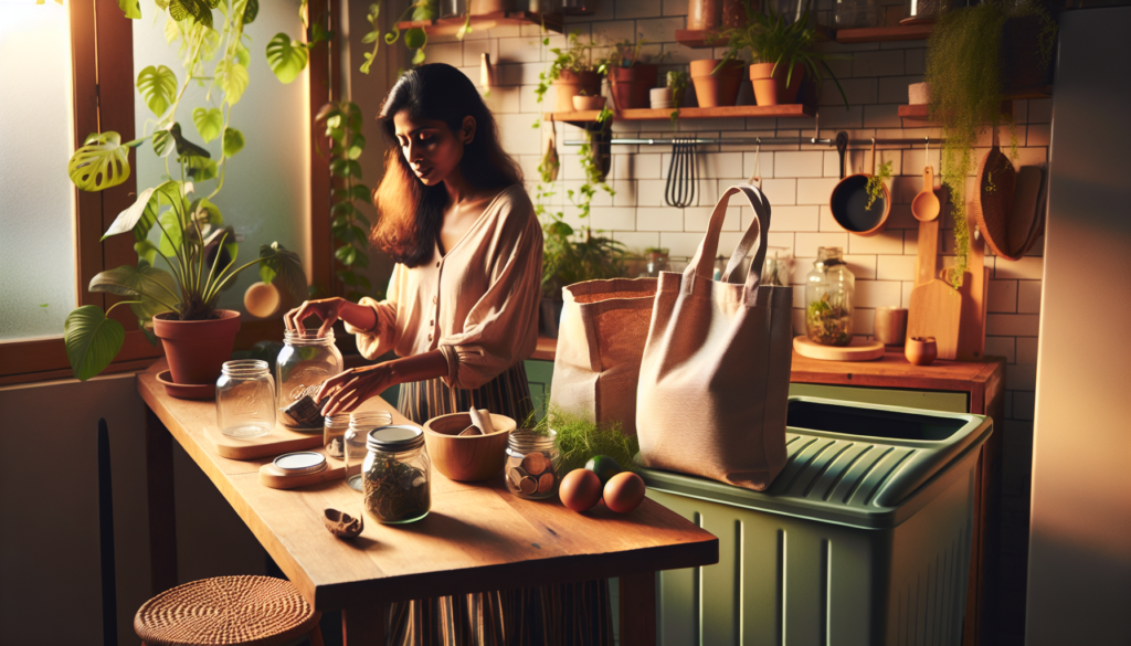 Hands placing reusable bags and glass jars on a kitchen counter beside a small compost bin and plants