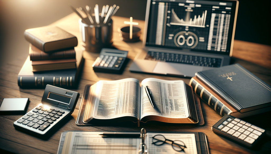 Open Bible beside ledger, calculator, and laptop as hands work on a budget at a wooden desk.