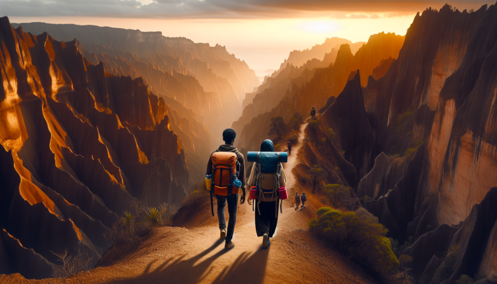 Backpackers hiking a sunlit canyon with colorful packs and dramatic sky, cinematic travel landscape photography