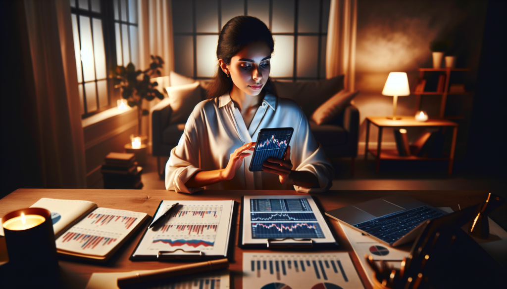 Young investor at desk reviewing budget and stock charts on laptop in a professional workspace
