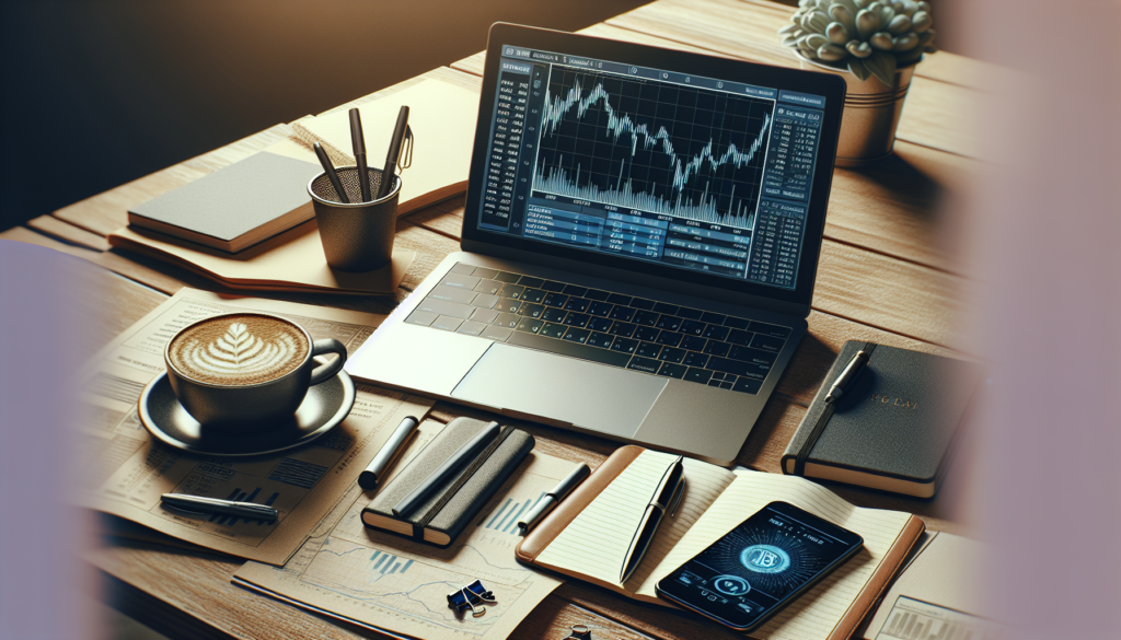 Young investor at desk reviewing stock charts on laptop with notebook and coffee, shallow depth of field
