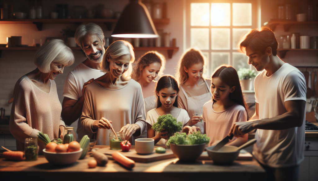 Family sharing a healthy, technology-free dinner together in a bright kitchen, parents and children smiling.