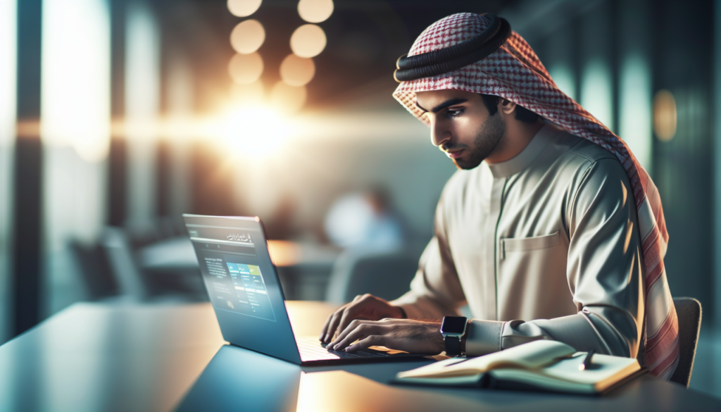 Learner studying online with laptop, notes and flashcards in a modern learning space with cinematic lighting.