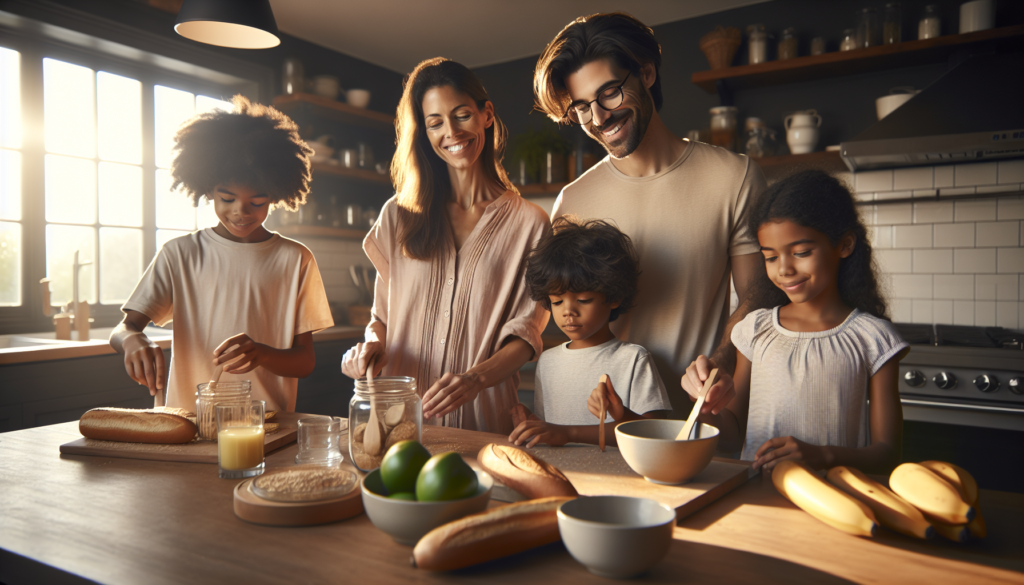 Parents and children preparing a healthy breakfast together in a sunlit kitchen, smiling and bonding.