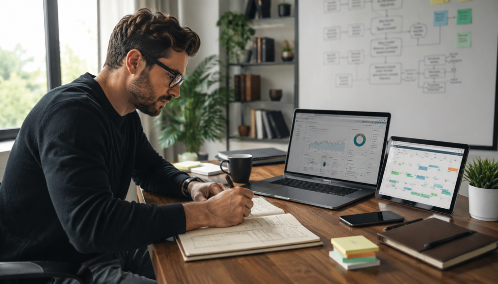 Freelancer building a repeatable digital marketing strategy with analytics dashboards, content calendar, notes, and planning tools in a modern workspace.