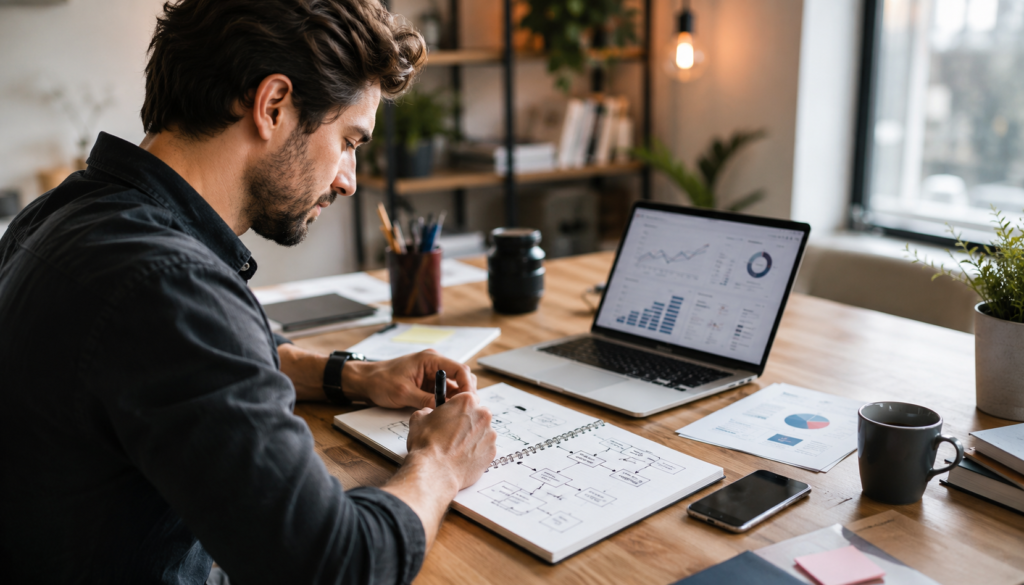 Freelance Playbook: Build a Repeatable Digital Marketing Strategy - Eramag Magazine – Business, AI & Digital Growth Freelancer building a repeatable digital marketing strategy with laptop analytics, workflow notes, smartphone, and content planning tools in a modern workspace.