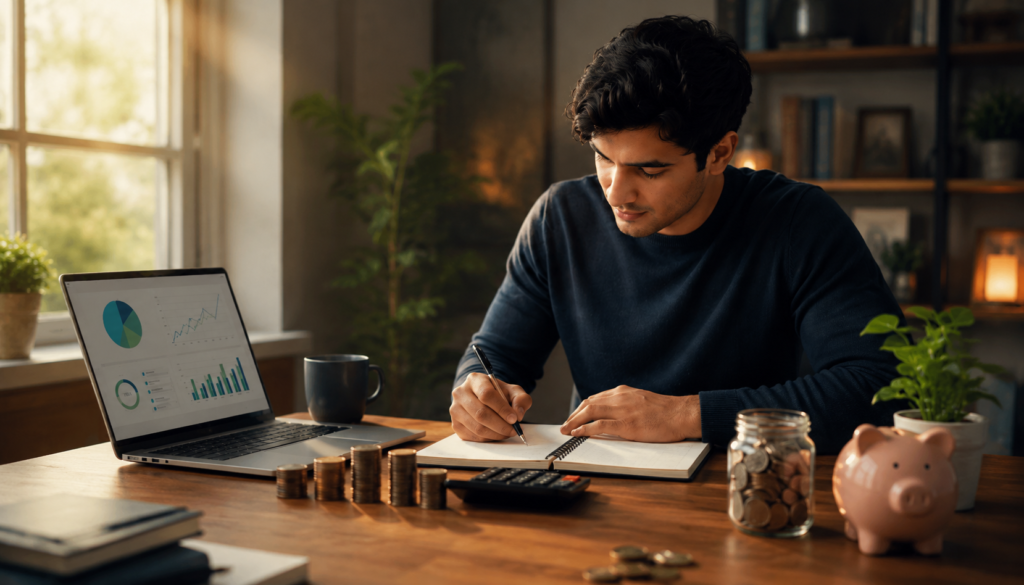 Personal Finance Tips for Beginner Investors and Savers - Eramag Magazine – Business, AI & Digital Growth Young man analyzing financial charts and planning personal savings at home office desk