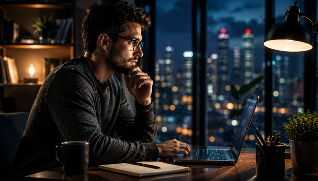 Young professional working late on a laptop in a cinematic home office, showing how AI tools can improve productivity, focus, and modern workflow.