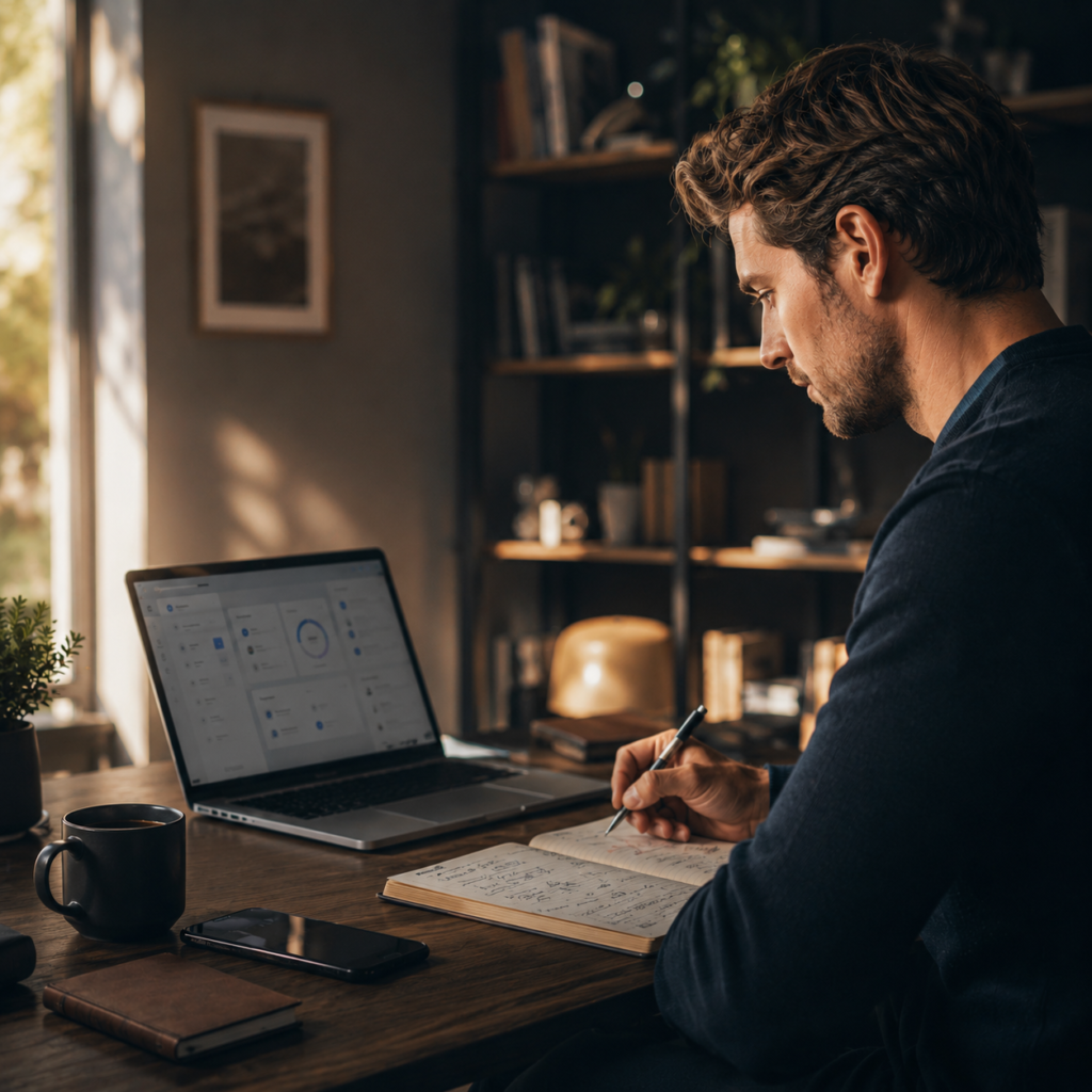 Worker organizing tasks with AI automation software at night