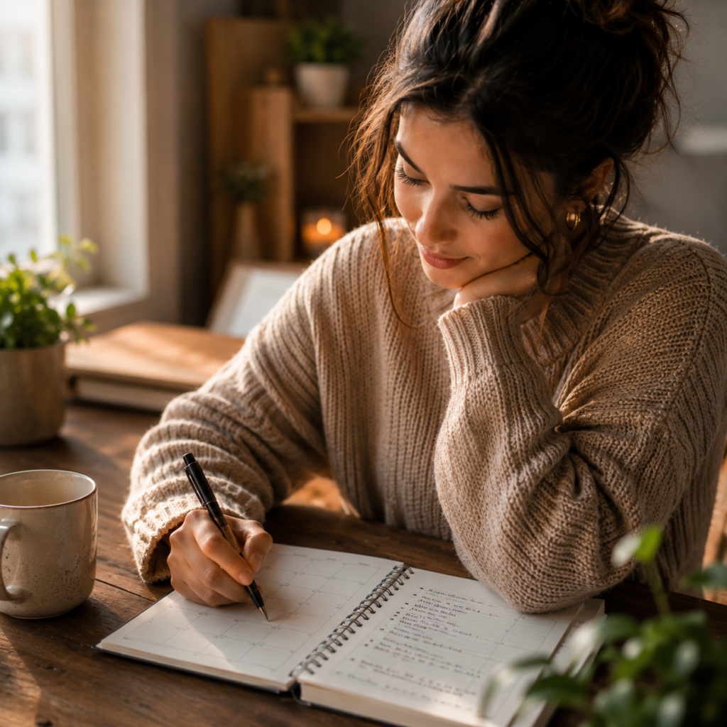 Personal Growth Habits: Practical Daily Routines for Confidence - Eramag Magazine – Business, AI & Digital Growth Woman journaling in a cozy sunlit workspace, planning personal growth habits and daily routines for confidence, self-care, and emotional resilience.
