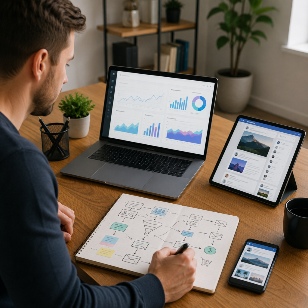 Digital Marketing Strategy: Build a System for Online Income - Eramag Magazine – Business, AI & Digital Growth Person working on a laptop with digital dashboard screens, tablet, smartphone, and notebook for online productivity and technology planning