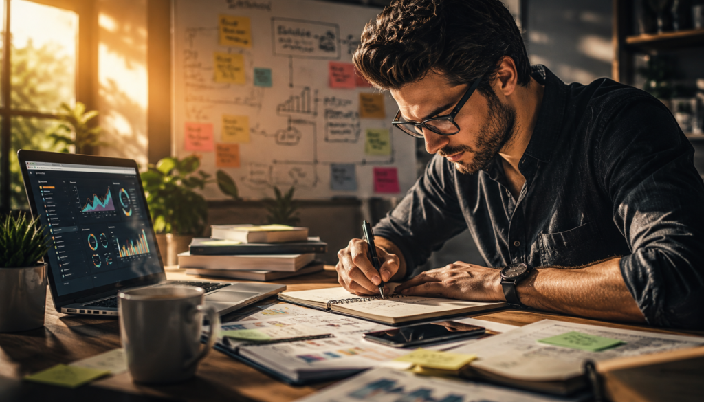 Focused entrepreneur writing a digital marketing strategy beside a laptop with analytics dashboards, planning content systems and online income growth in a bright modern workspace.