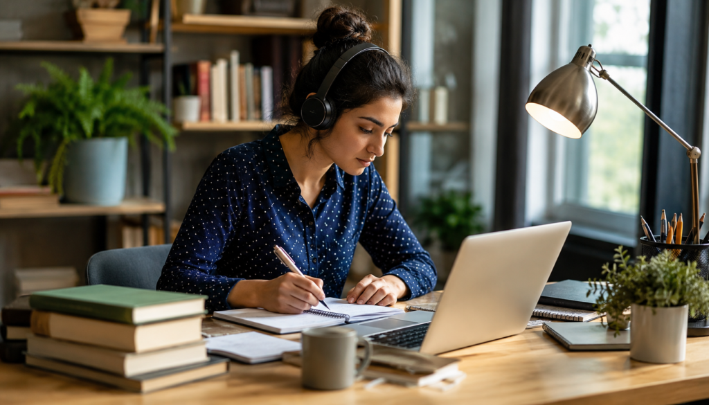 E-learning Tips: Boost Online Learning and Study Skills - Eramag Magazine – Business, AI & Digital Growth Focused online learner wearing headphones, taking notes beside a laptop and study books in a cozy workspace for e-learning, study skills, and digital education.