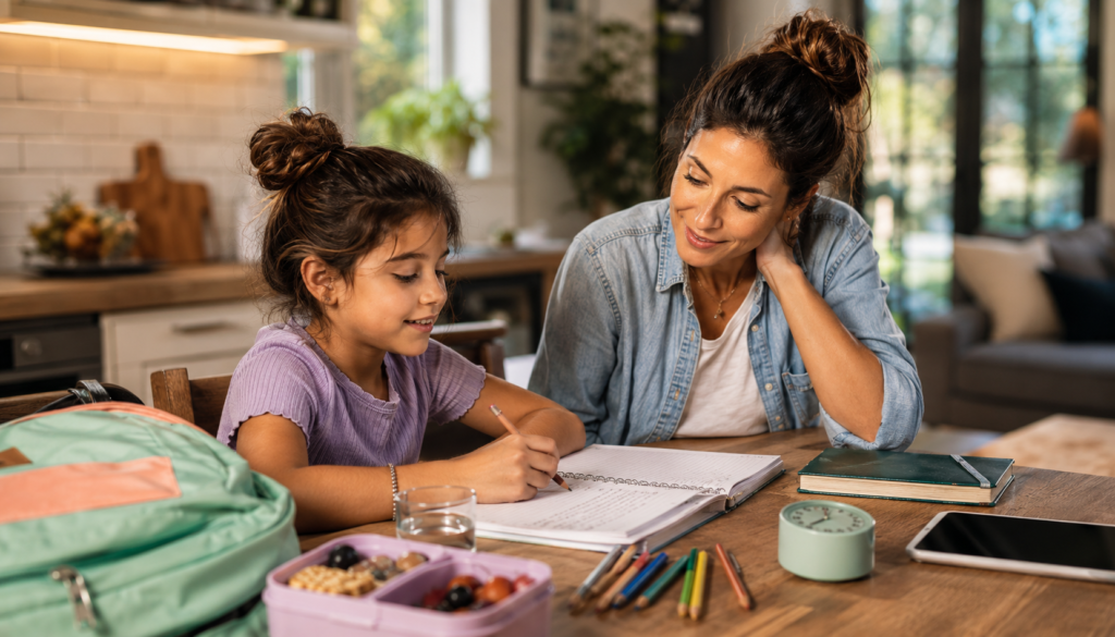 Practical Parenting Tips: Routines, Discipline & Screen Rules - Eramag Magazine – Business, AI & Digital Growth Mother helping her child with homework at a kitchen table, showing warm parenting routines, calm discipline, screen limits, and family support at home.
