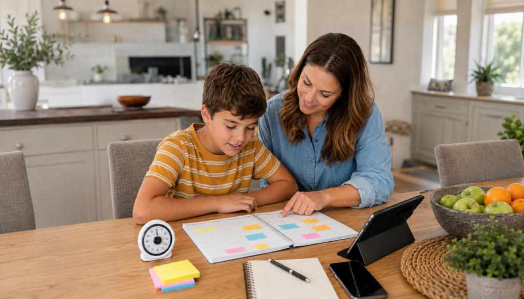 A parent and child sit at a kitchen table using a planner, sticky notes, timer, and tablet to create family routines and screen-time rules together.