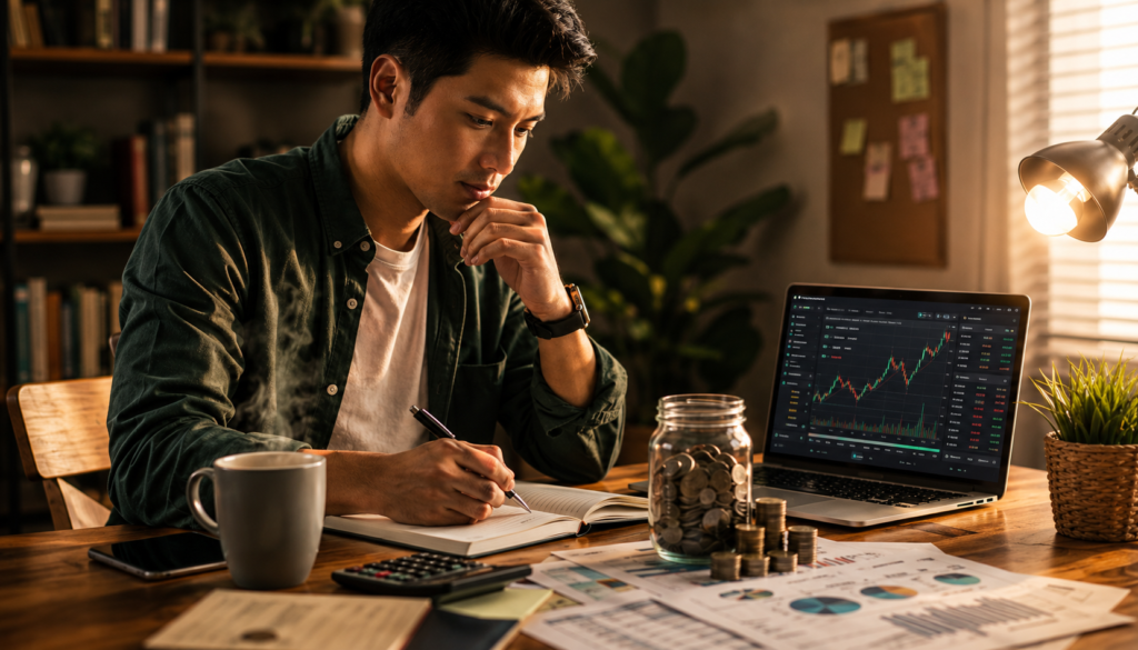 Personal Finance Tips: Beginner Investing & Budgeting Guide - Eramag Magazine – Business, AI & Digital Growth Young investor reviewing a budgeting notebook beside a laptop with financial charts, coins, and savings jar in a warm home office for beginner investing and money planning.