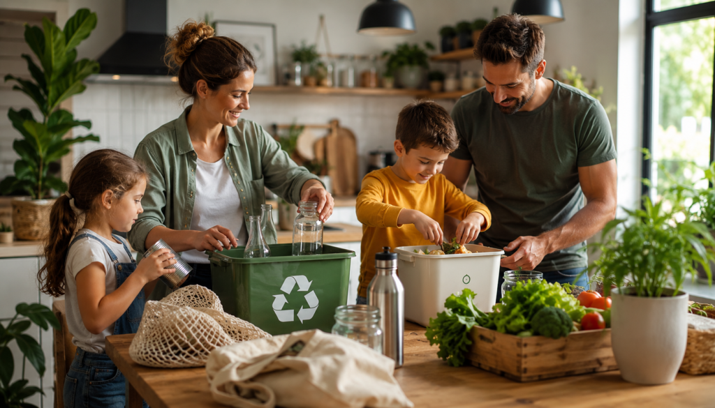A family sorts recyclables, compost, reusable jars, and fresh vegetables together in a bright kitchen, showing simple sustainable living habits at home.