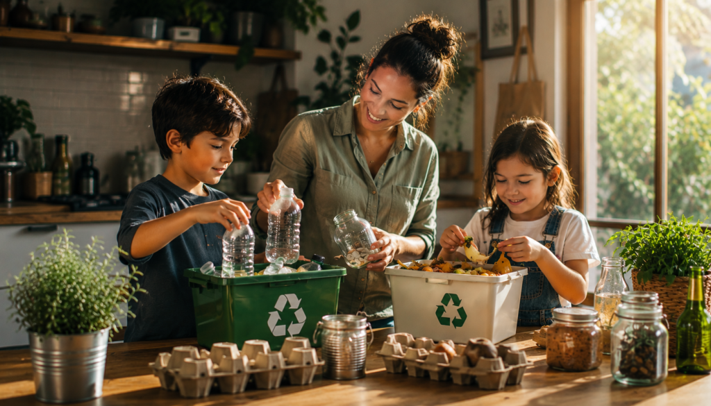 Family sorting recyclables and compost in a sunlit kitchen, showing simple sustainable living habits, low-waste routines, and eco-friendly home practices.