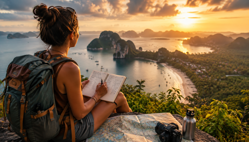 Solo traveler planning an adventure itinerary with a notebook and map while overlooking a scenic coastal bay at sunset.
