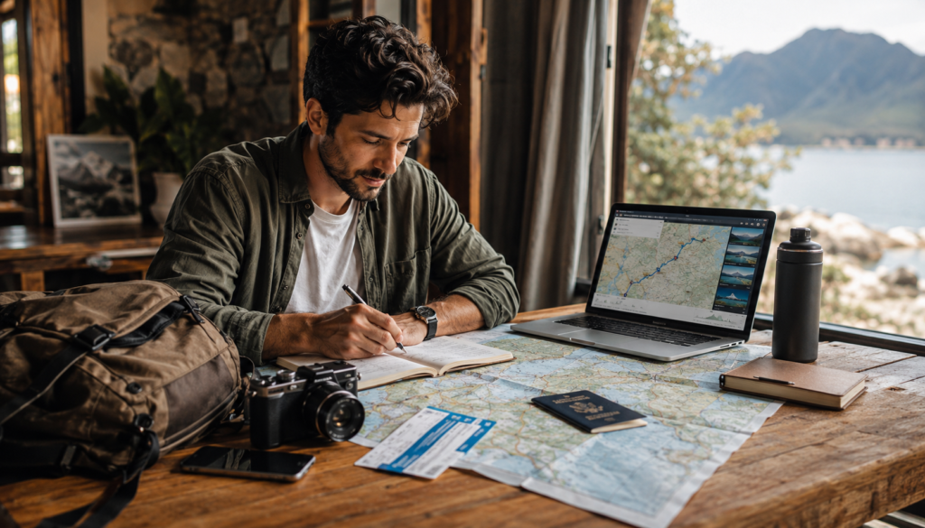 A solo traveler plans an adventure itinerary at a wooden table with a map, passport, camera, backpack, laptop, and travel notebook overlooking a mountain lake.
