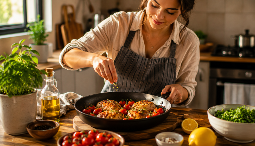 Woman seasoning a skillet of golden chicken, cherry tomatoes, and herbs in a warm kitchen, showing an easy homemade dinner recipe with fresh ingredients.