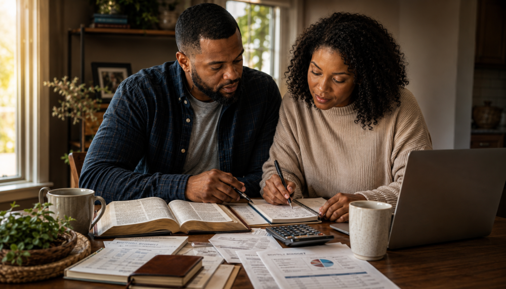 How Biblical Stewardship Guides Everyday Money Decisions - Eramag Magazine – Business, AI & Digital Growth A couple reviews an open Bible, budget papers, a calculator, and a laptop together while planning everyday money decisions at home.