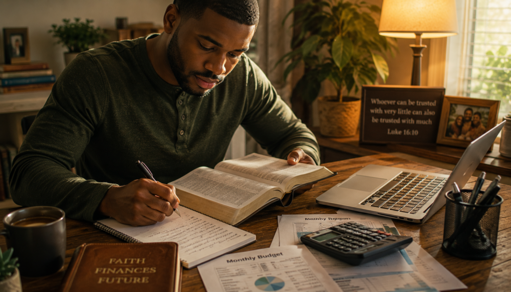 How Biblical Stewardship Guides Everyday Money Decisions - Eramag Magazine – Business, AI & Digital Growth Man studying an open Bible while writing financial notes beside a laptop, calculator, budgeting papers, and coins, showing biblical stewardship for everyday money decisions.