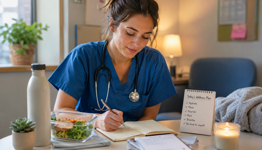 How New Nurses Build Healthy Daily Habits During 12-Hour Shifts - Eramag Magazine – Business, AI & Digital Growth A nurse in blue scrubs journals wellness goals during a quiet break, with a healthy lunch, water bottle, plant, candle, and self-care checklist nearby.