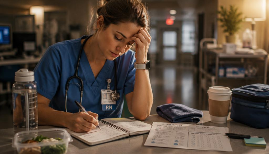 How New Nurses Build Healthy Daily Habits During 12-Hour Shifts - Eramag Magazine – Business, AI & Digital Growth Tired nurse in blue scrubs writing in a wellness planner during a hospital break, with hydration bottle, smartwatch, healthy meal, and self-care notes nearby.