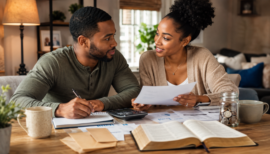 Young Couple’s Biblical Stewardship Plan for a Debt-Free Year - Eramag Magazine – Business, AI & Digital Growth Young couple reviewing a budget together with an open Bible, calculator, savings jar, and financial papers, showing biblical stewardship and debt-free planning at home.