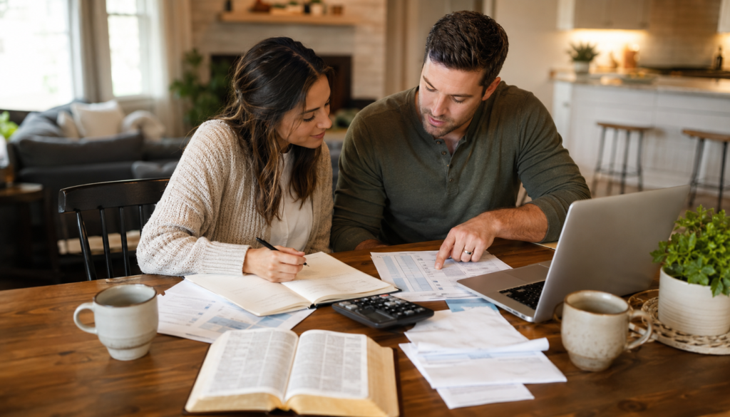 Young Couple’s Biblical Stewardship Plan for a Debt-Free Year - Eramag Magazine – Business, AI & Digital Growth A young couple reviews an open Bible, budget papers, a calculator, notebook, and laptop together while creating a debt-free stewardship plan at home.