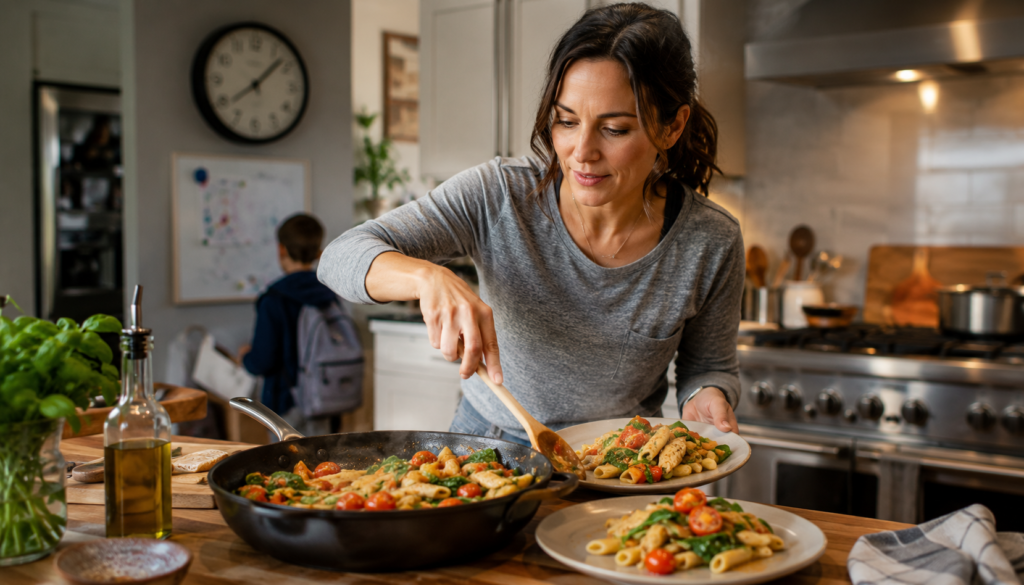 Busy parent serving a quick homemade pasta dinner with fresh vegetables in a cozy kitchen, showing easy 30-minute weeknight recipes for family meals.