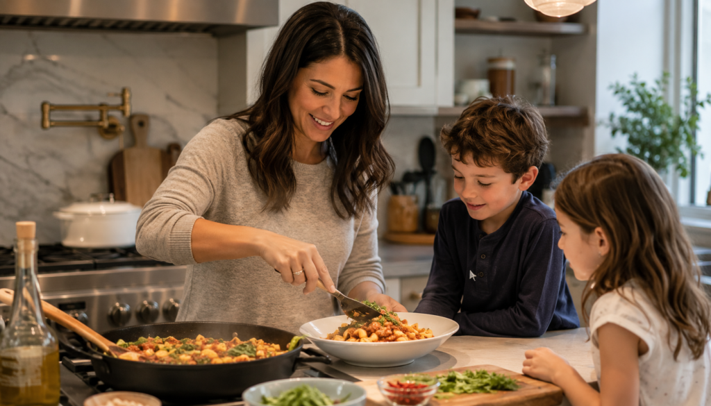 Weeknight Rescue: 30-Minute Easy Dinner Recipes for Busy Parents - Eramag Magazine – Business, AI & Digital Growth Busy parent serves a quick homemade pasta dinner while children watch in a cozy kitchen, showing easy 30-minute weeknight recipes for family meals.