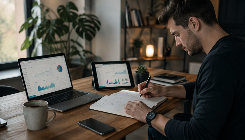 A freelancer writes a digital marketing strategy in a notebook while reviewing analytics dashboards on a laptop and tablet in a modern home workspace.