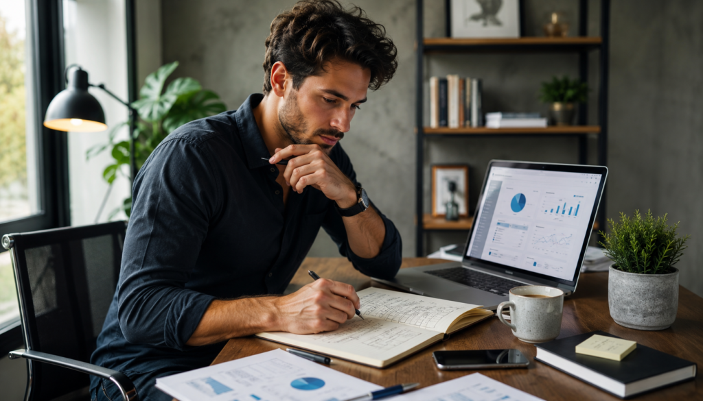 Focused freelancer writing a digital marketing strategy in a notebook beside a laptop with analytics dashboards, planning online business growth in a modern home office.