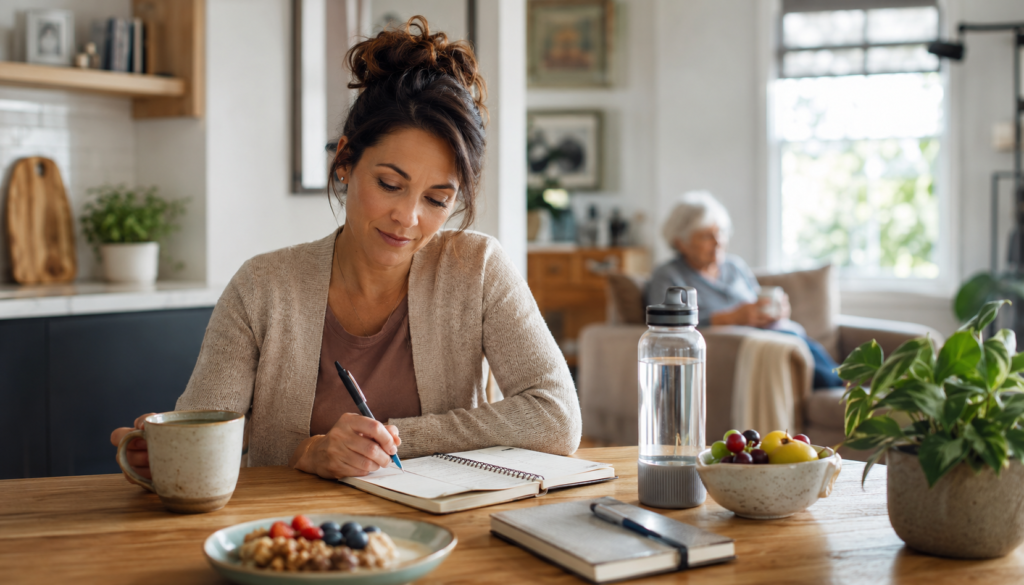Healthy Daily Habits for Caregivers Recovering from Burnout - Eramag Magazine – Business, AI & Digital Growth Caregiver journaling at a sunlit kitchen table with water, fruit, and a healthy breakfast nearby while an elderly loved one rests in the background.