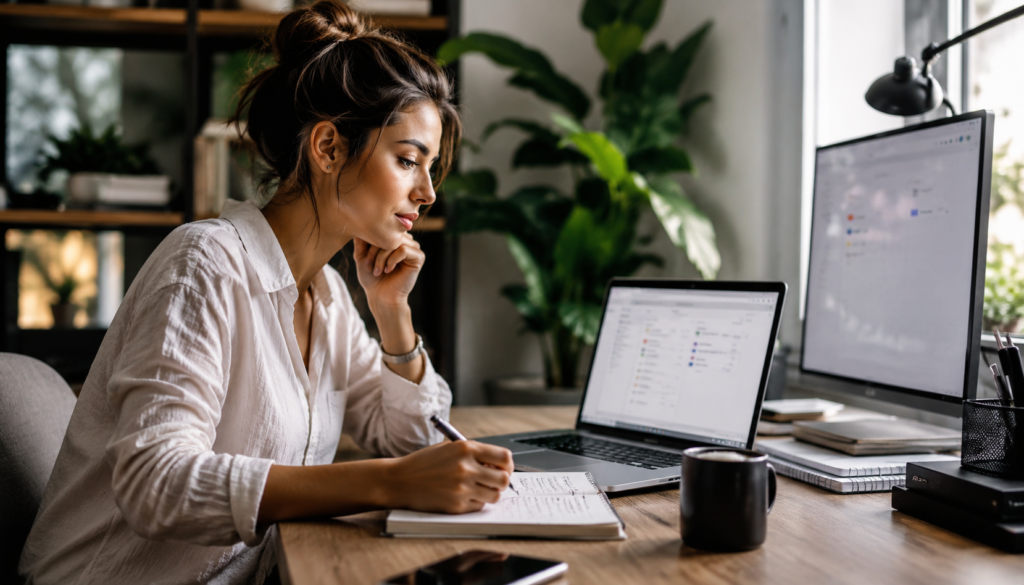 Freelancer working at a modern home office with laptop and notes, using AI productivity tools to reduce admin time and organize digital workflows.