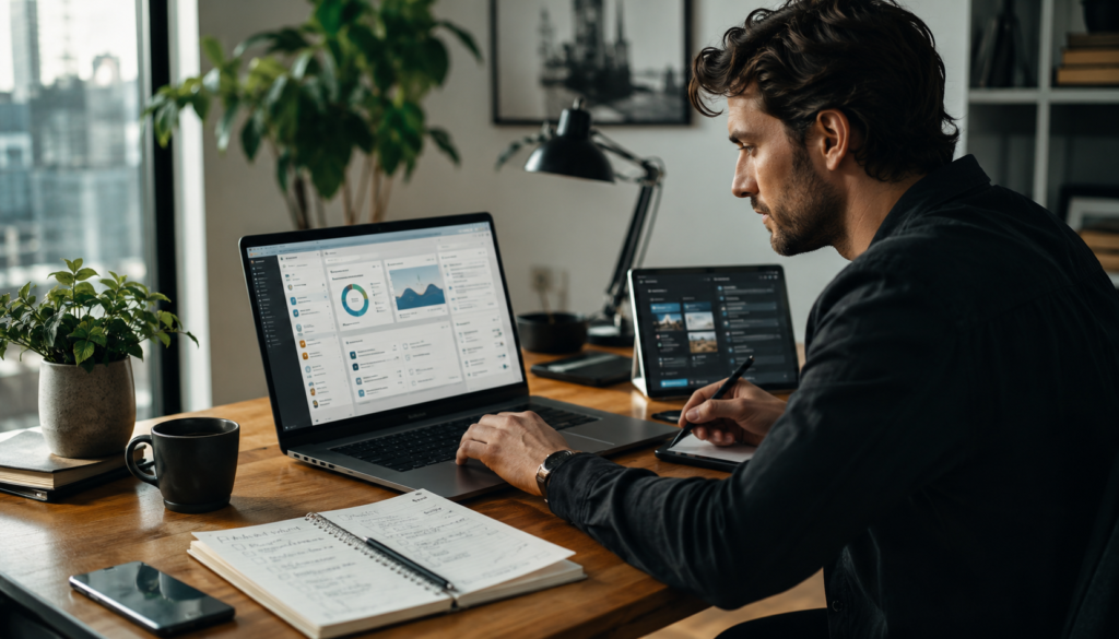 How Busy Freelancers Use AI Tools for Productivity to Finish Work Faster - Eramag Magazine – Business, AI & Digital Growth Busy freelancer uses AI productivity tools on laptop and tablet to manage tasks, automate workflows, and finish online work faster from a modern workspace.