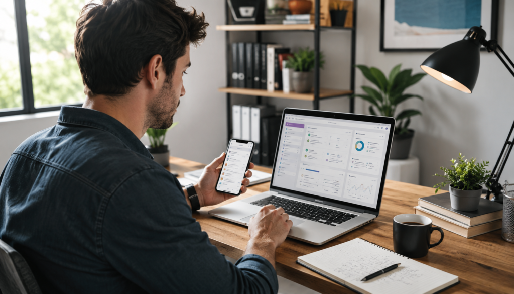 Busy freelancer using AI productivity tools on a laptop and smartphone in a modern home office to manage tasks, automate workflows, and finish online work faster.