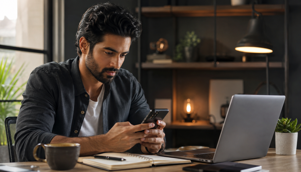 Freelancer using a smartphone and laptop in a modern workspace, showing a mobile-first AI productivity workflow for managing tasks, admin work, and digital projects.