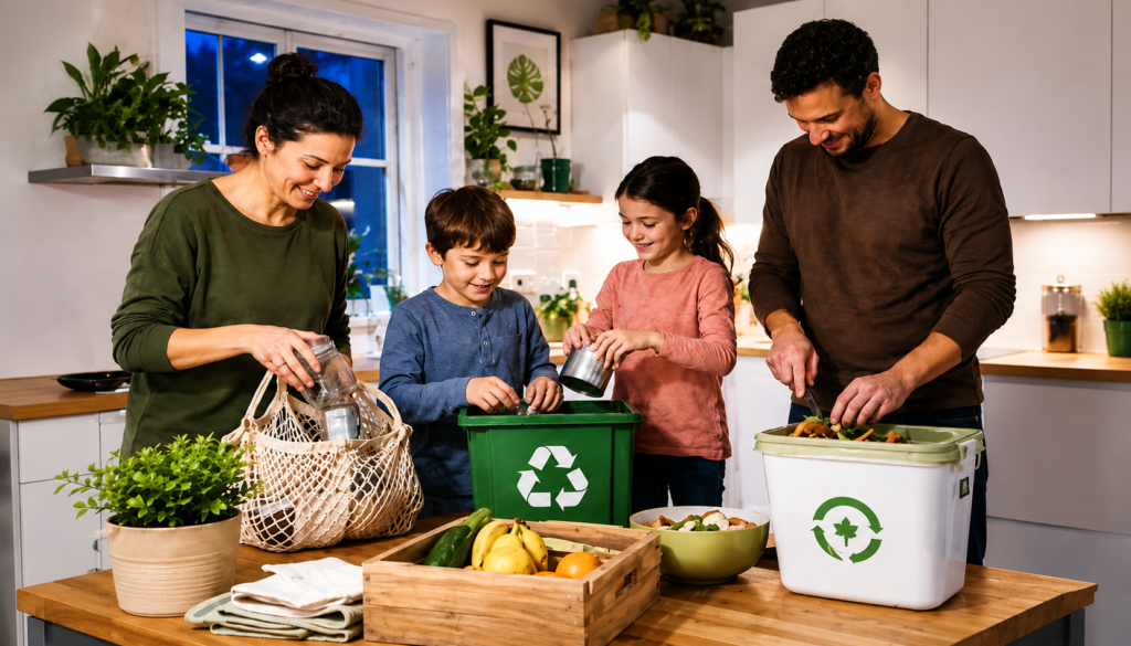 A Busy Family's Nightly Routine: Sustainable Living Tips That Stick - Eramag Magazine – Business, AI & Digital Growth Family sorting recycling and compost in a cozy kitchen during an eco-friendly nightly routine.