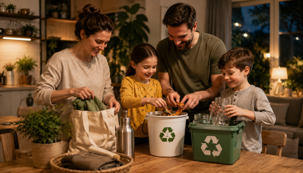 Family sorting compost and recyclables during a warm nightly kitchen routine, showing practical sustainable living habits, low-waste swaps, and eco-friendly family teamwork.