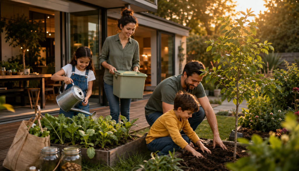 Family planting a young tree in a backyard garden at golden hour, showing sustainable living tips, green home habits, gardening, and eco-friendly teamwork for busy families.
