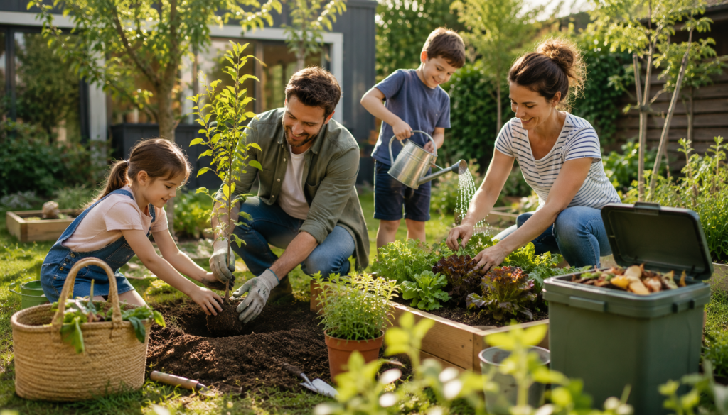 Busy family planting a young tree and tending a home garden with composting supplies, showing practical sustainable living habits and eco-friendly family routines.