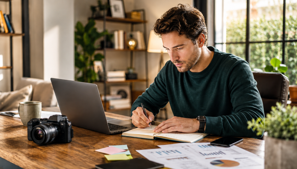 Freelancer planning a weekend digital marketing strategy with a laptop, notebook, camera, and analytics reports in a bright modern workspace.