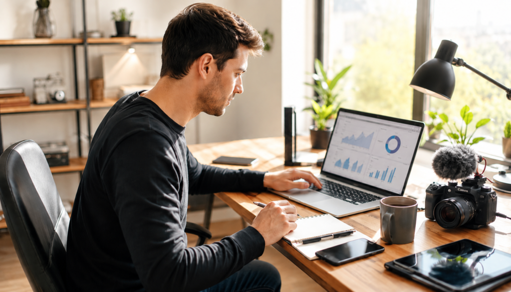 Weekend Side Hustle: A Digital Marketing Strategy for Creators - Eramag Magazine – Business, AI & Digital Growth Creator working on a weekend digital marketing side hustle with a laptop, analytics dashboard, notebook, camera, smartphone, and home office setup.